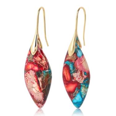 Imagem de Brincos pendentes de argola de peixe, brincos modernos de pedra natural com gota de pedra preciosa joia feminina (vermelho azul)