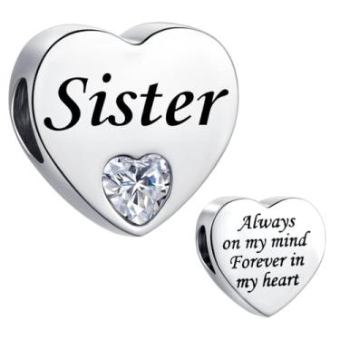 Imagem de MiiFort Pulseira com pingente de coração Sister Clear Love Fit Pandora Berloques de aniversário para mulheres Always on My Mind Forever In My Heart Aço inoxidável