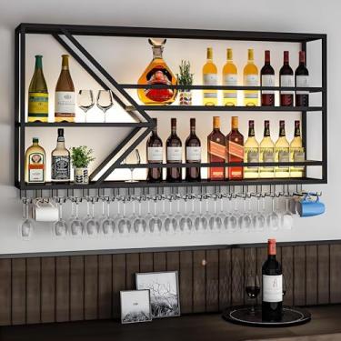 Imagem de Rack de vinho LED montado na parede - Prateleira de barra de metal de 2 camadas com suporte de vidro, exibição flutuante de garrafa de licor que economiza espaço, design preto elegante para decoração