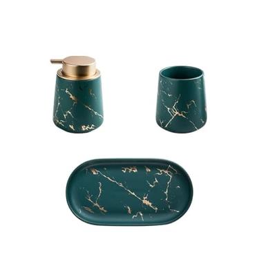 Imagem de Conjunto de acessórios de banheiro com 3 peças inclui: dispensador de sabonete de loção, copos de enxaguante bucal e bandeja de xampu (verde)