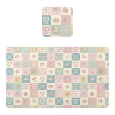 Imagem de Burbuja Jogo americano conjunto de 2, tapetes de mesa de cozinha xadrez com coração de flores, antiderrapante, resistente ao calor, à prova d'água, para mesa de jantar, lavável, 30,5 x 45,7 cm