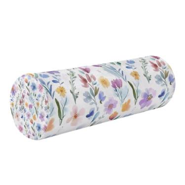 Imagem de Burbuja Almofada de rolo cilíndrico de padrão floral para alívio da dor no pescoço, almofada de viagem cervical de espuma viscoelástica com capa lavável removível para cama, cabeça e pernas traseiras