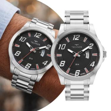 Imagem de Relógio Masculino Prata e Preto Analógico de Pulso com Caixa e Pulseir