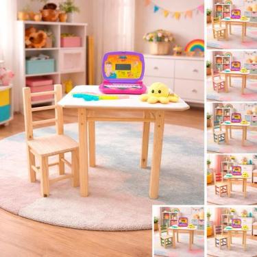 Imagem de Conjunto Mesa Mesinha MDF Com 1 Cadeira De Madeira Maciça Para Criança