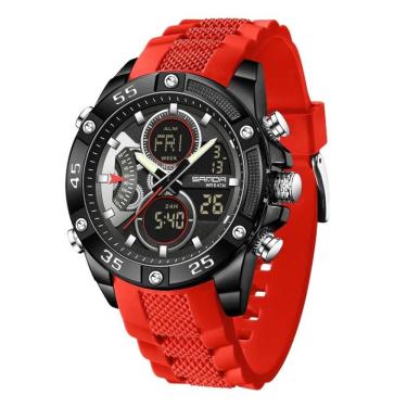 Imagem de Relógio Masculino Sanda Tela Dupla Analógico e Digital Pulseira de Silicone Luz Noturna Vermelho