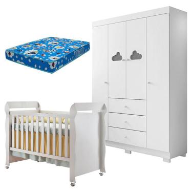 Imagem de Berço Americano Mirelle e Guarda Roupa Infantil Ane Branco Brilho com Colchão Ortobom – Phoenix Baby