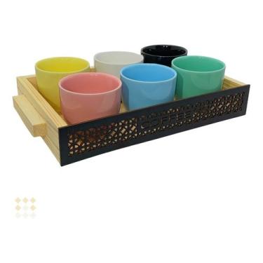 Imagem de Kit 6 Xicara Café Chá Porcelana Colorida Com Bandeja 170ml