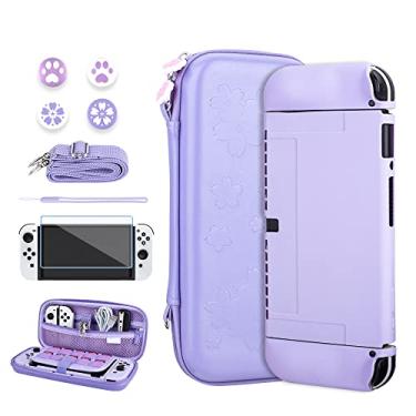 Imagem de RHOTALL Estojo de transporte de cor sólida com Sakura para Nintendo Switch OLED, capa potente para Switch OLED com capa macia, protetor de tela, 4 tampas de polegar, pulseira e alça de ombro - roxo