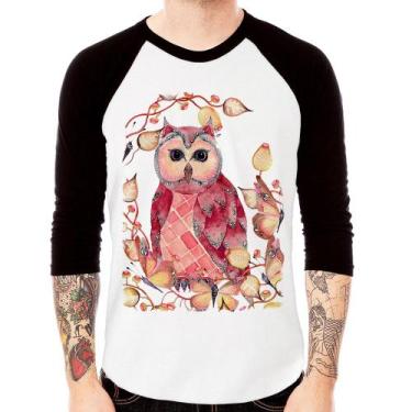Imagem de Camiseta Raglan Coruja e Folhas Manga 3/4 - Foca na Moda, Branco, Pret