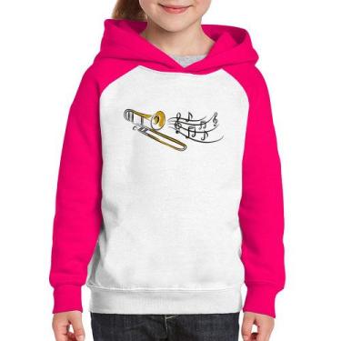Imagem de Moletom Infantil Trombone Notas Musicais - Foca na Moda, Branco, Rosa,