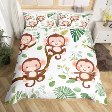 Imagem de Conjunto de capa de edredom de macaco fofo, tamanho Queen, folhas de palmeira tropical, 3 peças, para crianças, adolescentes, macaco, kawaii, animal, capa de edredom com desenho animado da selva e