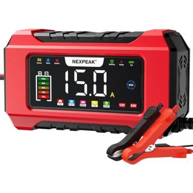 Imagem de NEXPEAK Carregador de bateria NC215 de 15 Amp, carregador de bateria de carro 12 V 24 V LiFePO4, portátil, manutenção de bateria inteligente de 9 estágios com compensação de temperatura para carro