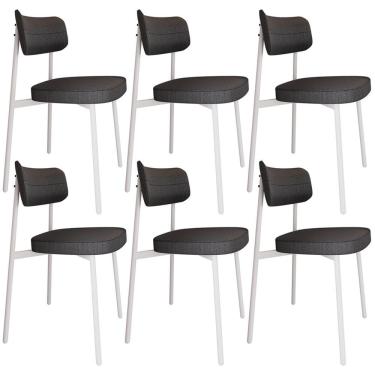 Imagem de Kit 06 Cadeiras Estofada Para Sala De Jantar Astrid Branco C01 Linho Preto - Lyam Decor