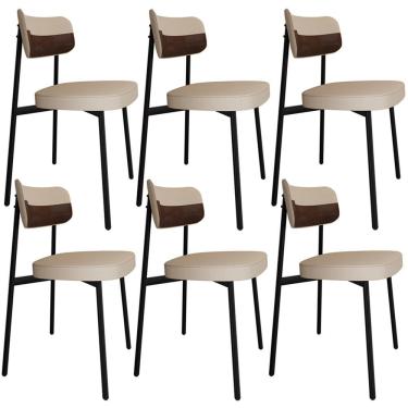 Imagem de Kit 06 Cadeiras Estofada Para Sala De Jantar Astrid Preto C01 Linho Areia Courino Whisky - Lyam Decor