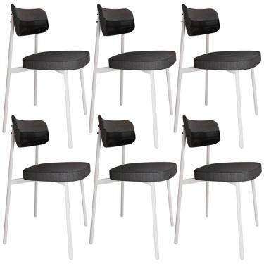 Imagem de Kit 06 Cadeiras Estofada Para Sala De Jantar Astrid Branco C01 Linho Preto Courino Preto - Lyam Decor