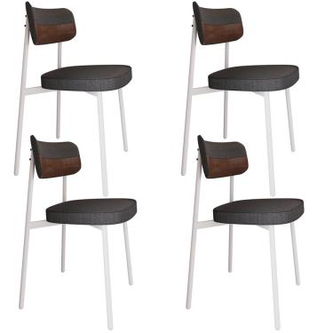 Imagem de Kit 04 Cadeiras Estofada Para Sala De Jantar Astrid Branco C01 Linho Preto Courino Whisky - Lyam Decor