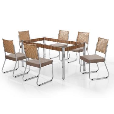 Imagem de Mesa De Jantar Aço Nobre Claudia Com Tampo Kanon E 6 Cadeira Bege E Nogal