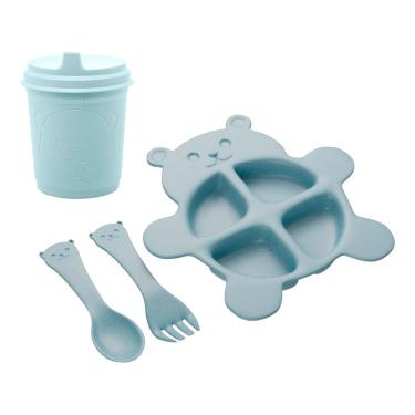 Imagem de Jogo Prato Infantil Divisórias Com Copo E Talheres Urso Baby Azul Fibra De Bambu Pp Lyor