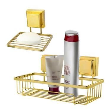 Imagem de Kit Banheiro Suporte Porta Shampoo Saboneteira Ventosa Dourado - Futur