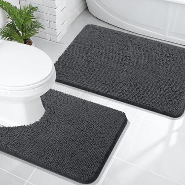 Imagem de OLANLY Conjunto de tapetes de banheiro de 2 peças, tapetes de banho de chenille macio absorvente e contorno em forma de U, tapete de banheiro lavável na máquina, acessórios de decoração de casa (76 x