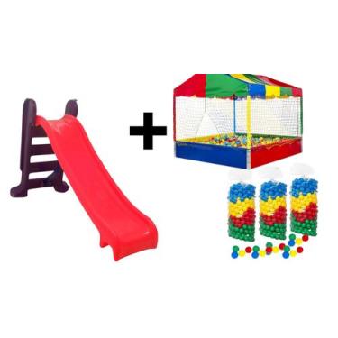 Imagem de Kit combo infantil 1 escorregador médio rosa c/ roxo + 1 piscina de bo