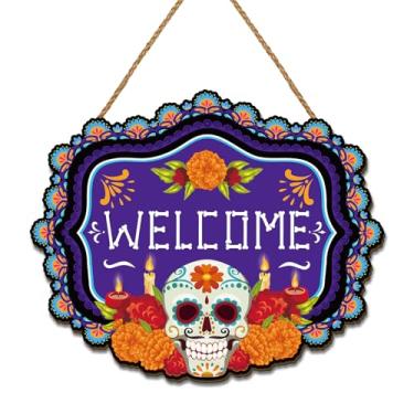 Imagem de Yarcooly Decorações Para O Dia Dos Mortos, Placa De Porta Madeira, Caveira Açúcar Mexicana, Calêndulas, Decoração Floral Festa Em Casa