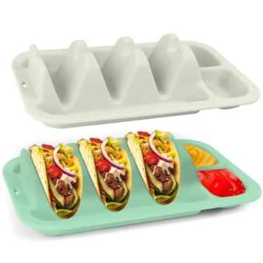 Imagem de CAMENDE Suporte de taco de silicone reutilizável – conjunto de 2 pratos de taco com divisórias e tigelas de mergulho, comporta 3 suportes de tacos | Seguro para micro-ondas e lava-louças, bandeja de