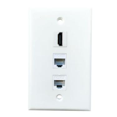 Imagem de BUPLDET 1 placa de parede HDMI e 2 portas Ethernet CAT6 branca - Placa de cobertura de passagem de conector trapezoidal HDMI RJ45 de grupo único