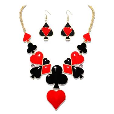 Imagem de VOGUEKNOCK Conjunto de brincos de colar de Halloween para mulheres gótico coroa rainha coração gargantilha colar cartão de pôquer pingente brinco fantasia de Halloween joias presentes, One Size, Metal