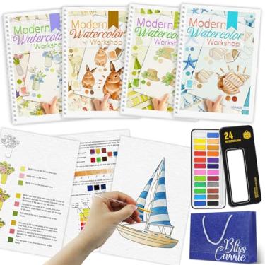 Imagem de 4 peças, livro de colorir de água com 48 padrões, livros de aquarela para iniciantes com 24 cores de tinta e pincel, estresse - presente para alívio de estresse para mulheres - jardim, animais, buquê