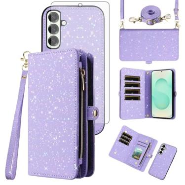 Imagem de Asuwish Capa de telefone para Samsung Galaxy S25 Plus S25+ 5G Carteira com zíper magnético destacável com protetor de tela e compartimento de glitter com suporte celular S25Plus 25S + S 25 25+