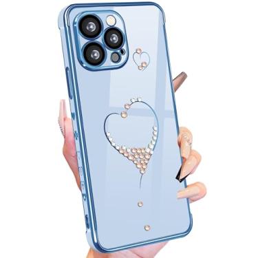 Imagem de Petitian Capa para iPhone 14 Pro Max, capas de telefone femininas fofas com glitter em coração para iPhone 14 Pro Max, capa de telefone feminina banhada a ouro para 14 Pro Max com protetor de câmera azul Sierra