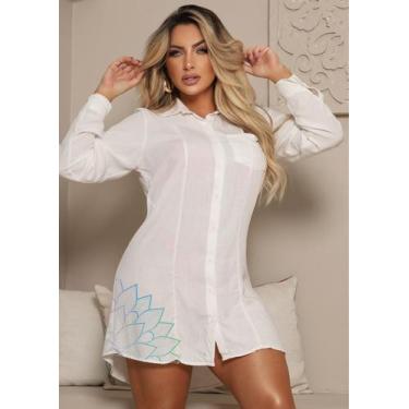 Imagem de Chemise Saída de Praia Estampada Dtf Moda Feminina Manga Longa Com Bol