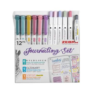 Imagem de Zebra Pen - Conjunto de diário premium com 12 unidades - marcadores sem derramamento, canetas CLiCKART e caneta de gel SARASA - cores sortidas para anotações, estudo da Bíblia, diário (14012)