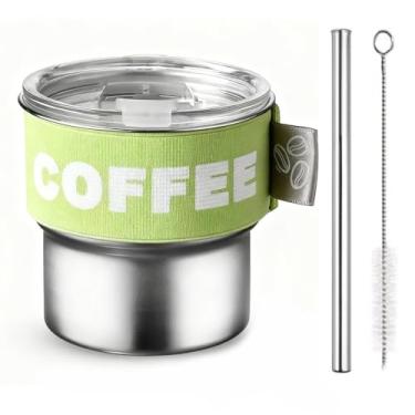 Imagem de ERCRYSTO Copo de café de aço inoxidável com tampa à prova de vazamento - copo portátil de 382 g com canudo reutilizável, faixa de aderência e escova de nylon, tampa multiuso para beber ou canudo