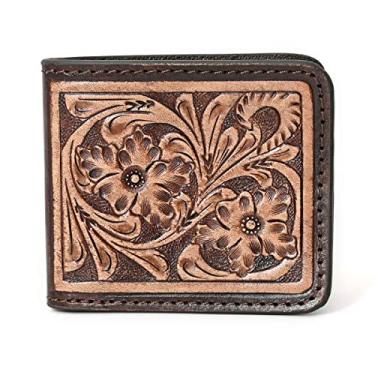 Imagem de Carteira masculina hipster de couro bovino adorável feita à mão, Bronzeado/marrom 2, Floral marrom