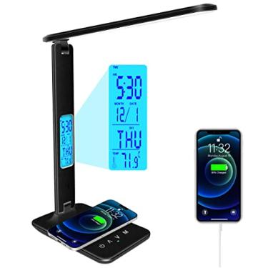 Imagem de Lâmpada de mesa com carregador sem fio, porta de carregamento USB, luz de mesa de escritório regulável com relógio, alarme, data, temperatura, lâmpada dobrável para mesa, quarto, cabeceira e