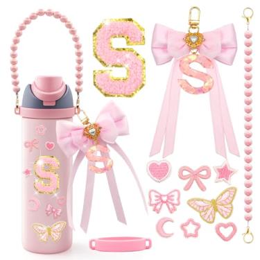 Imagem de LBU 12 peças de acessórios de letras para garrafa de água Owala 24/32/1,134 g com adesivo inicial fofo, chaveiro de letra do alfabeto de laço, alça de alça peral, decorações para copo Owala Freesip