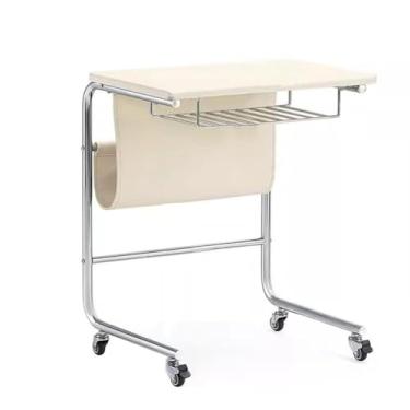 Imagem de Mesa lateral em forma de C, mesa de canto para laptop com 2 rodas bloqueáveis, compartimento de armazenamento de bolso de poliuretano para sofá/sofá, sala de estar, quarto, cabeceira, nogueira, preto