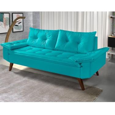 Imagem de Sofá 3 Lugares em Corino Confortável para Sala – Sofá Estofado Moderno (Azul-turquesa)