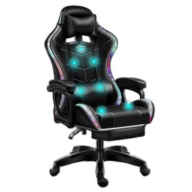 Imagem de HGTRH Cadeira ergonômica para jogos com luzes RGB, cadeira de jogos com apoio para os pés, almofada de assento de látex/encosto, sistema de áudio de massagem de 7 pontos, 90°-135°, encosto reclinável