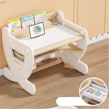 Imagem de Yadlan Conjunto de mesa e cadeira infantil com altura ajustável, fácil de limpar, mesa de estudo e estação de trabalho multifuncional, com estante e suporte de copo bege