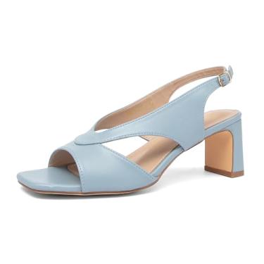 Imagem de NEWBELLA Sandálias femininas de salto quadrado – sapatos sociais com tira slingback para trabalho e roupas de verão, Azul claro, 11