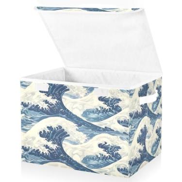 Imagem de Blueangle Cestos de armazenamento Japanese Waves com tampas, 42 x 32 x 30 cm, grande cesta organizadora dobrável para decoração de casa e escritório (484)