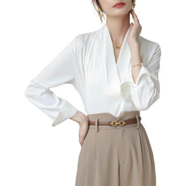 Imagem de Blusa De Cetim Elegante Feminina, Moda Casual Sólida Manga Comprida Envoltório V Nec Camisa Blusa De Cetim, Shape-w, M