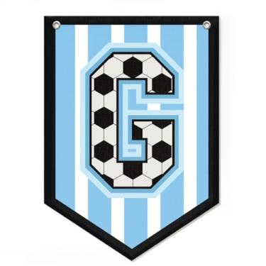 Imagem de Decoração de bandeira de futebol com letra G, decoração de quarto de meninos com nome bandeira de galhardete personalizada para meninos, decoração de arte de parede de berçário, placa de nome para