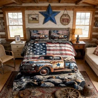 Imagem de Homewish Conjunto de edredom Queen com estampa de caminhonete americano, 3 peças, estrela azul do Texas, retrô, caminhão agrícola, para crianças, adolescentes e adultos, listras de madeira, estilo