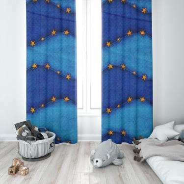 Imagem de Cortina Tecido Oxford Quarto Infantil Faixas Azuis e Estrelas - 140x22