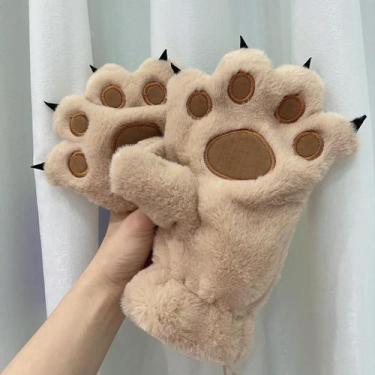 Imagem de Luvas De Inverno Femininas Quentes De Pelúcia Com Patas De Urso, Luvas