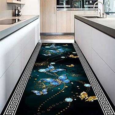 Imagem de QDCZDQ Tapete de cozinha antiderrapante, tapete de corredor verde, extra longo, lavável, tradicional capacho de entrada com design de borboleta dourada